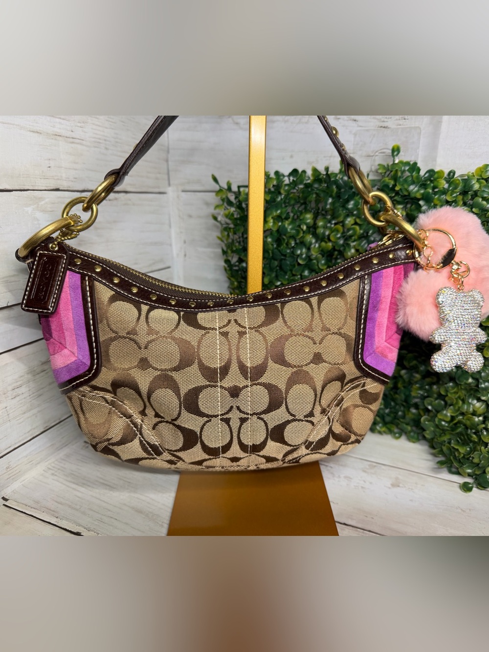 Coach Brown Signature Canvas Shoulder Bag with Pink Accent